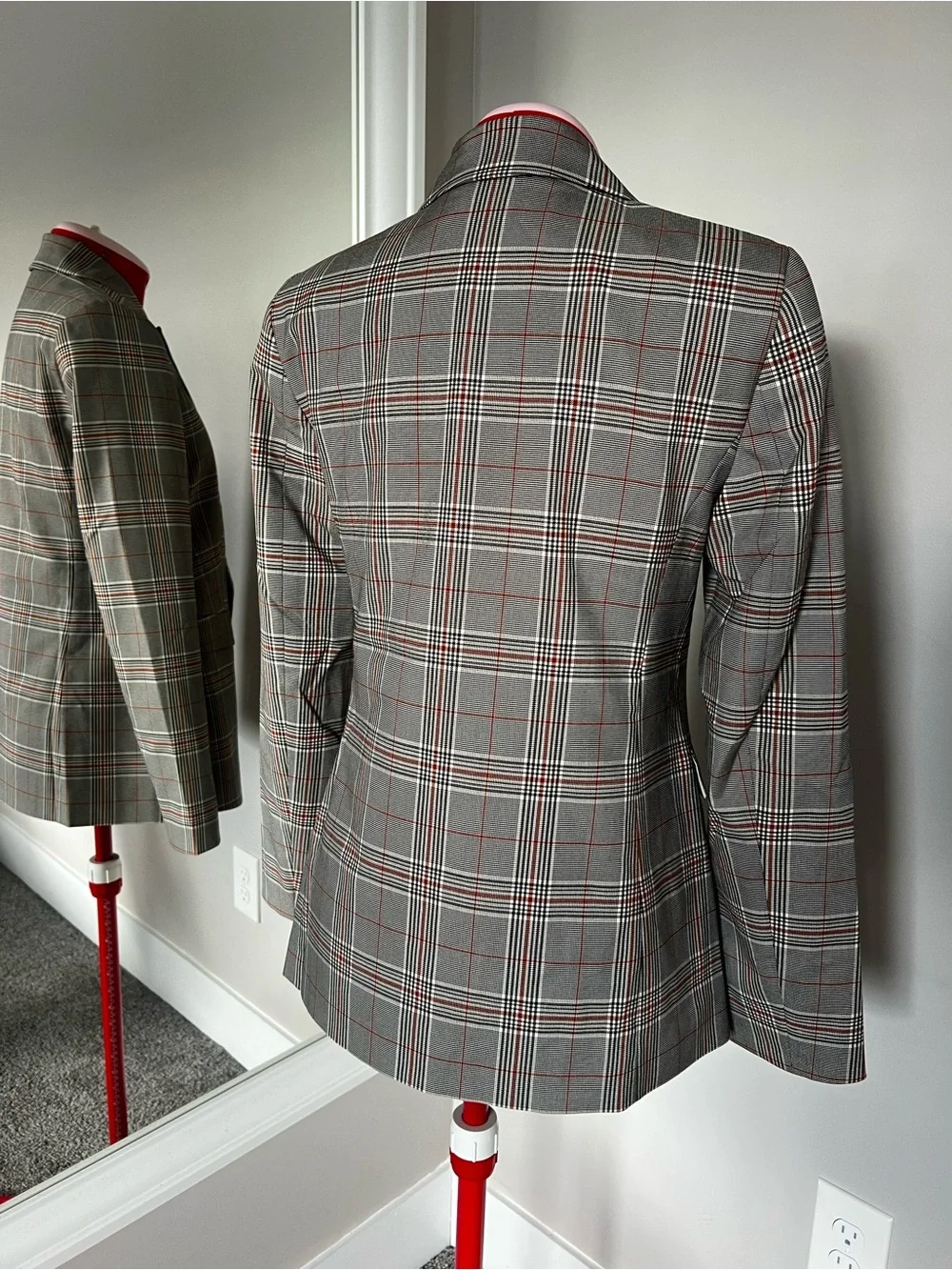 J. Crew Double-Breasted Plaid Blazer in Grey with Red Accents